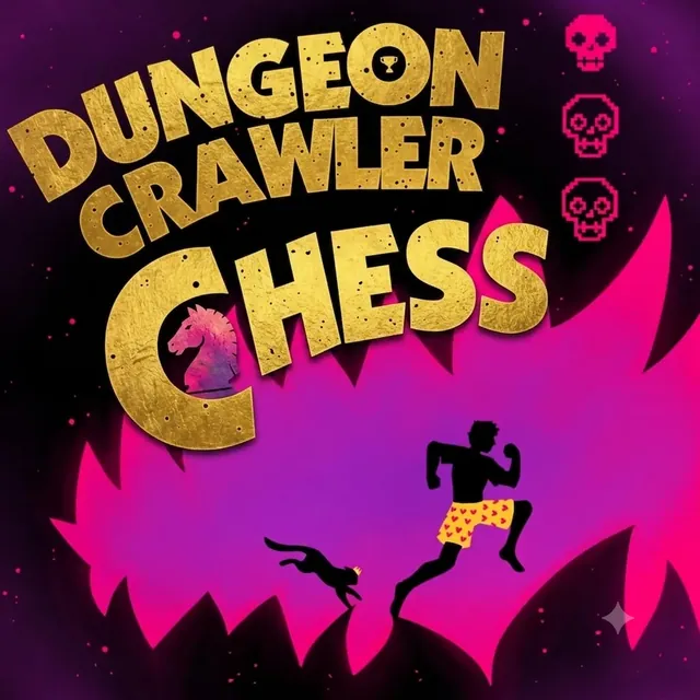 The first Dungeon Crawler Chess logo: gold lettering over pink flames with Carl and Donut running below