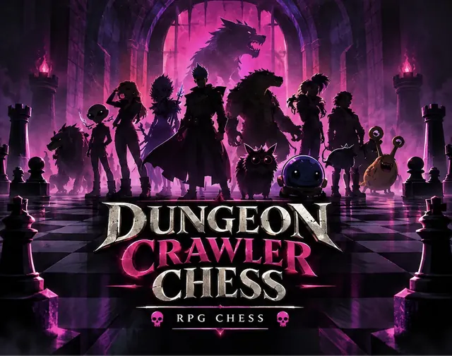 The Dungeon Crawler Chess logo over crawler silhouettes on a purple chessboard