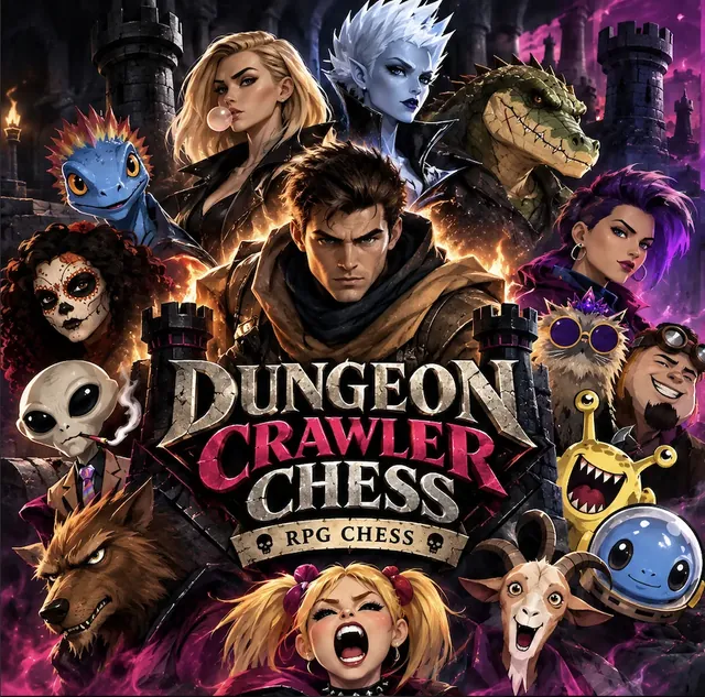 The Dungeon Crawler Chess logo surrounded by a painted cast of crawlers
