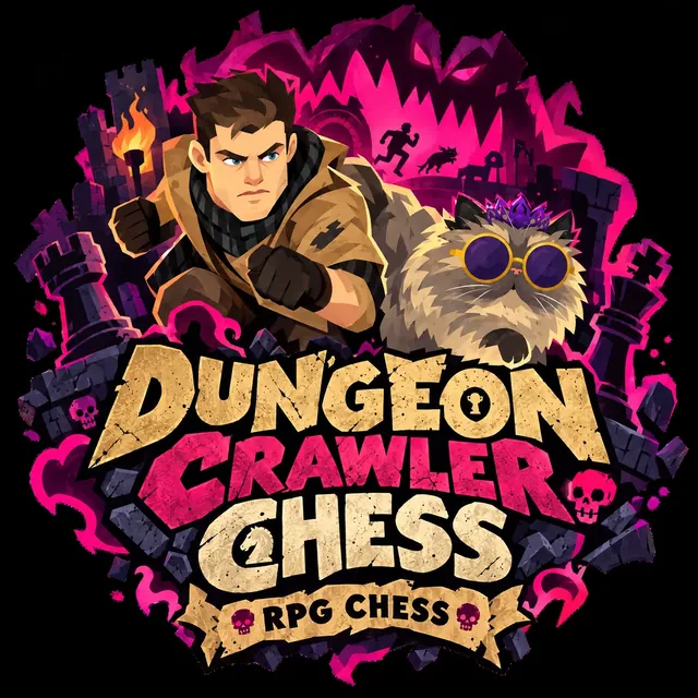 The Dungeon Crawler Chess logo with Carl and Donut bursting out of a pink dungeon