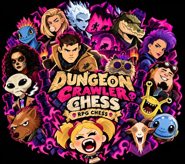 The Dungeon Crawler Chess logo ringed by the cartoon cast of crawlers