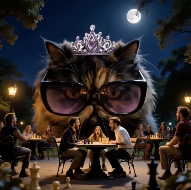 A giant cat in a tiara and sunglasses looming over a night-time chess game in a park